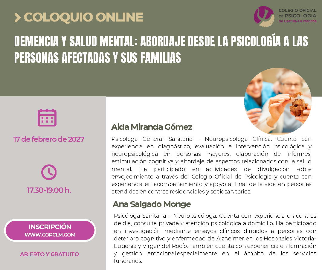 Coloquio online: Demencia y salud mental: abordaje desde la psicología a las personas afectadas y sus familias